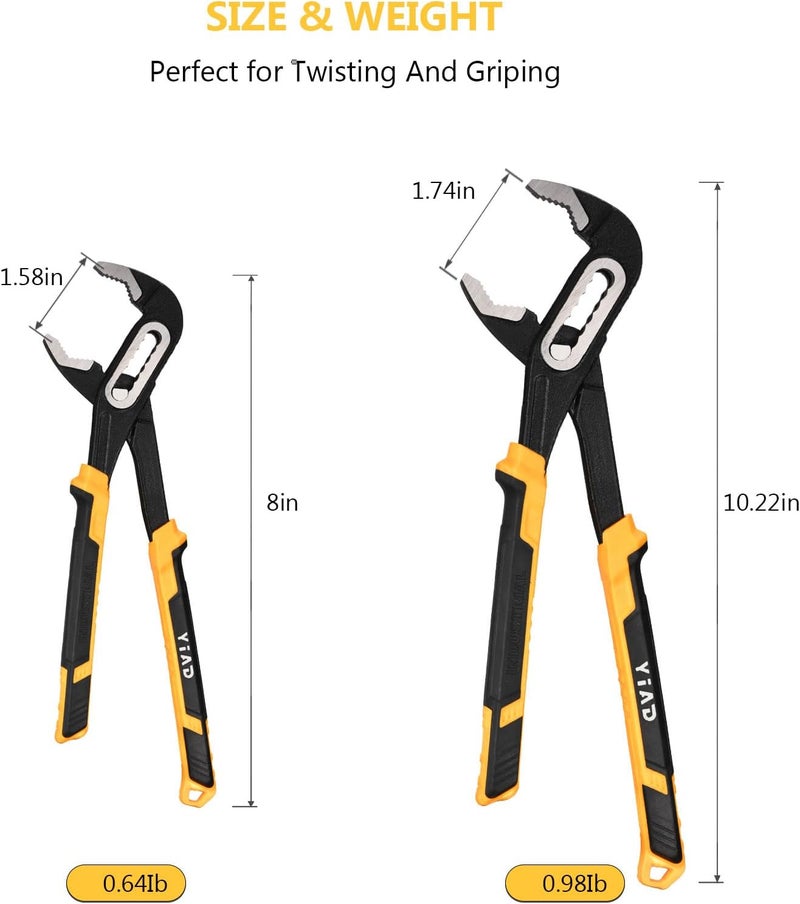 wiselifetech Groove Joint Pliers 8/10 Inch V-Jaw Water Pump Pliers With 7-Position Push Locks,Adjustable Tongue and Groove lock Pliers Rubber Grip Handle Tools Set for Home Auto Repair,Nuts,Bolts,Pipe 2 Piece - Image 2